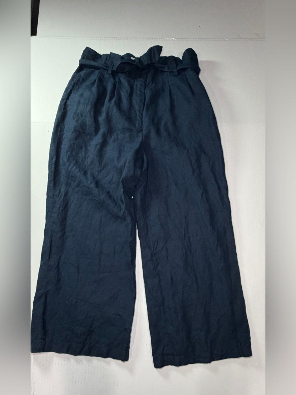 L.L. Bean Navy Paperbag Waist Wide-Leg Linen Pants